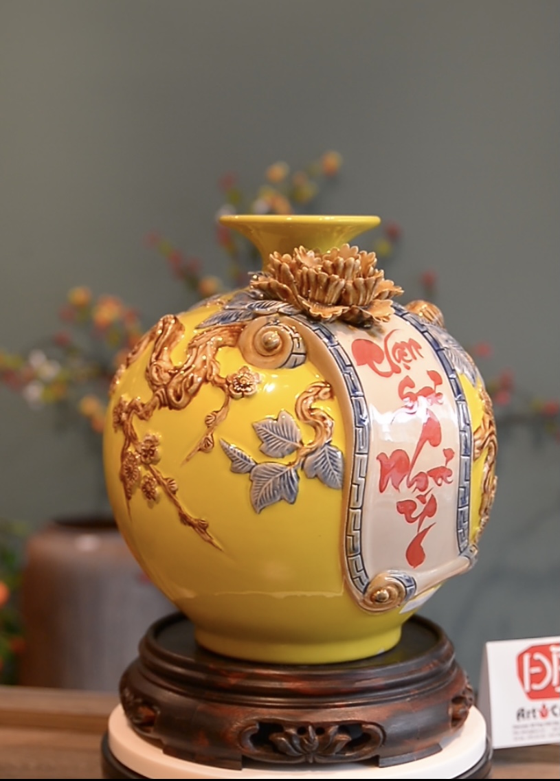 Bình hút lộc Bát Tràng cao cấp, cuốn thư đắp nổi Vạn Sự như ý, Phát tài phát lộc size28, men màu