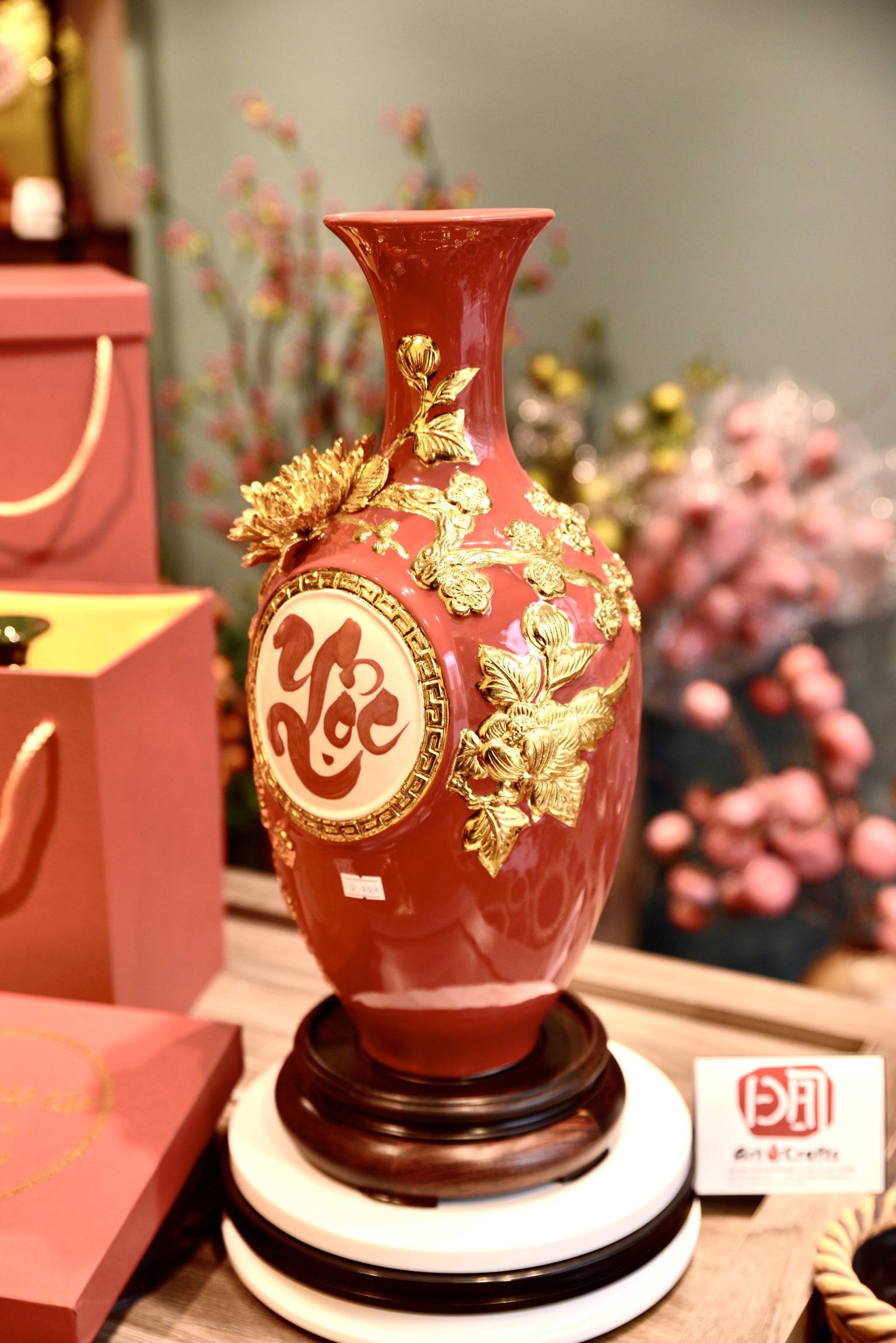 Bảo bình đắp nổi, dát vàng chữ Phúc-Lộc Bát Tràng cao cấp, H42cm