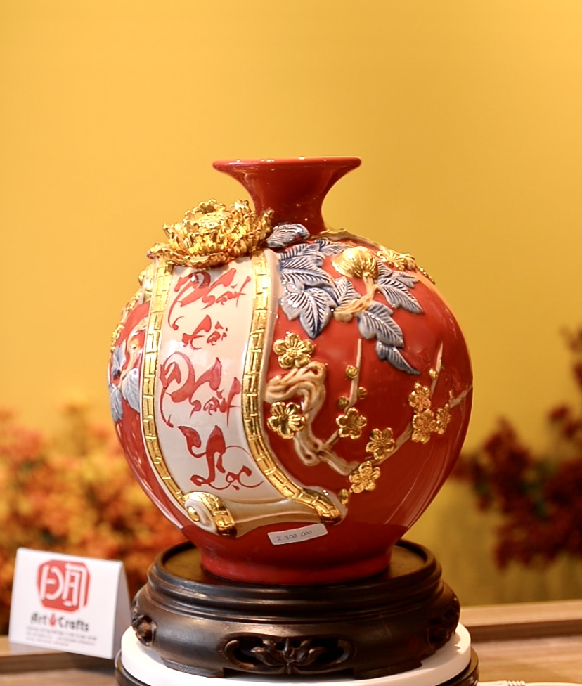 Bình hút lộc Bát Tràng cao cấp, Dát vàng cuốn thư đắp nổi Vạn Sự như ý, Phát tài phát lộc size28